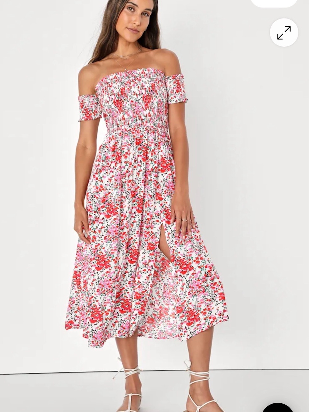 Lulus View from the Meadow Floral Off Shoulder Midi Dress Size M